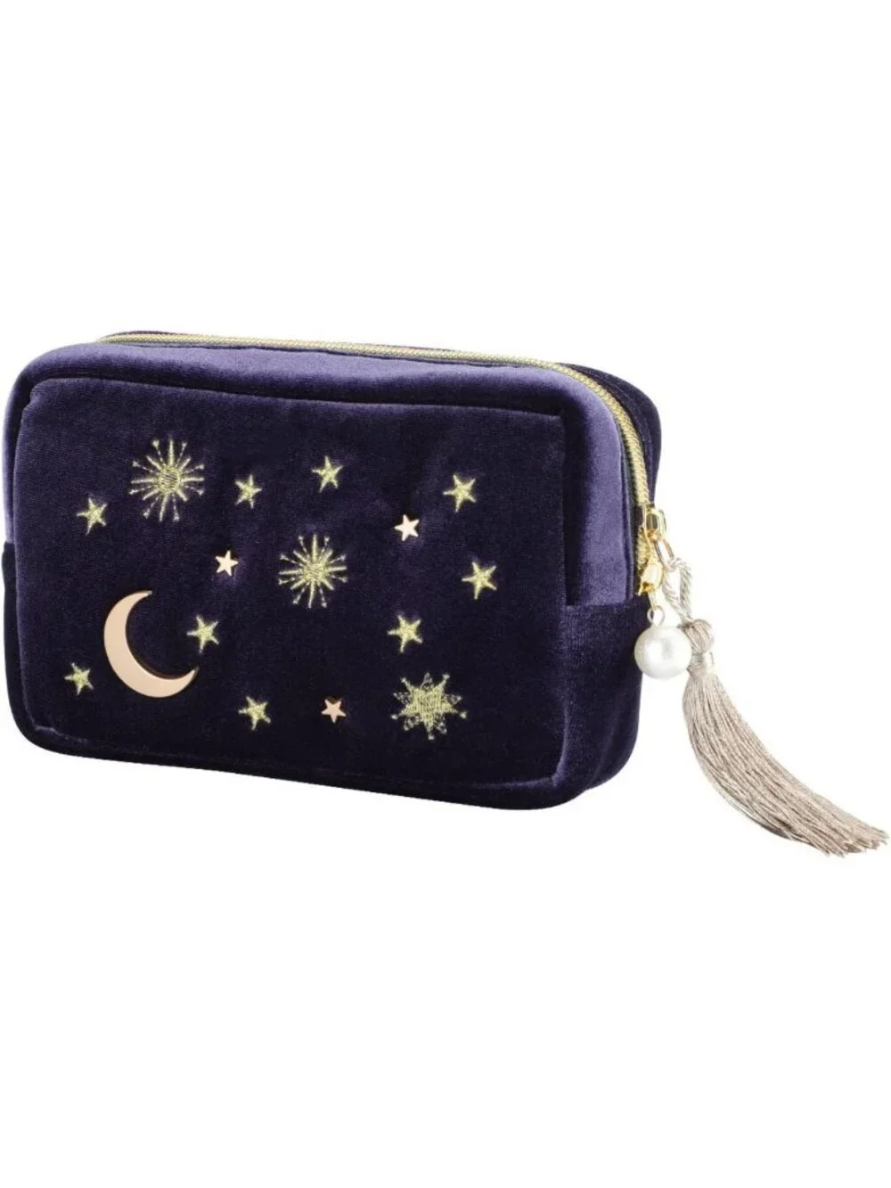 Navy Velvet Starry Makeup Bag with Tassels & Pearl Zipper - Cosmetic Storage
